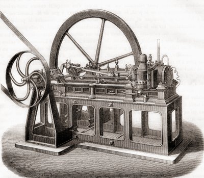 Een 19e-eeuwse gasmotor, uit Les Merveilles de la Science, gepubliceerd c.1870 door French School